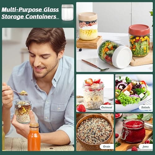 DIMBRAH Overnight Oats Containers with Lids,16oz Glass Jars with Lids - Set Of 4, Practical Oatmeal Container to Go, Chia Seed Pudding Jars, Baby Food Containers thumbnail 6