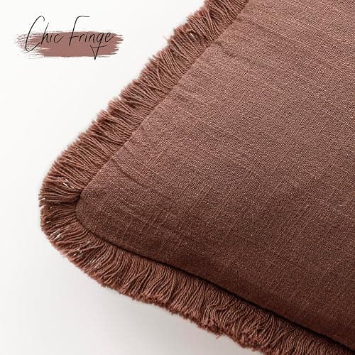 Foindtower Set of 2 Decorative Linen Fringe Throw Pillow Covers Boho Farmhouse Cushion Cover with Tassels Accent Pillowcase for Couch Chair Sofa Bed Living Room Home Decor,22×22 Inch,Rust Red thumbnail 3