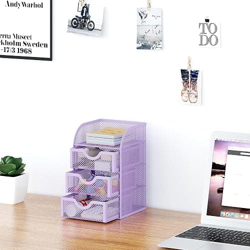 EasyPAG Mesh Desk Organizer with 3 Drawer Office Desktop Organizers and Accessories Stationery Caddy for Office, Home, Students, Purple thumbnail 2