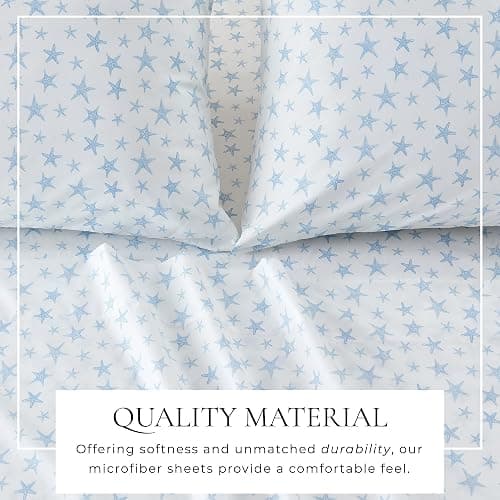 Great Bay Home Full Coastal Microfiber Sheet Set - 4-Piece Nautical-Printed, Ultra-Soft Sheets - Beach-Themed Bedding Sheets & Pillowcases (Starfish - Blue) thumbnail 2