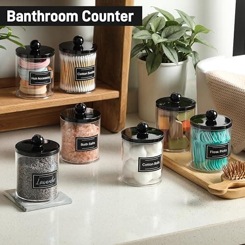 8 Pack Acrylic Qtip Holder Dispenser for Cotton Swabs, Balls, Pads, Floss - Plastic Canister Apothecary Jar Set, Bathroom Essentials Accessories Decor Vanity Makeup Storage Organizer - Clear & Black thumbnail 5