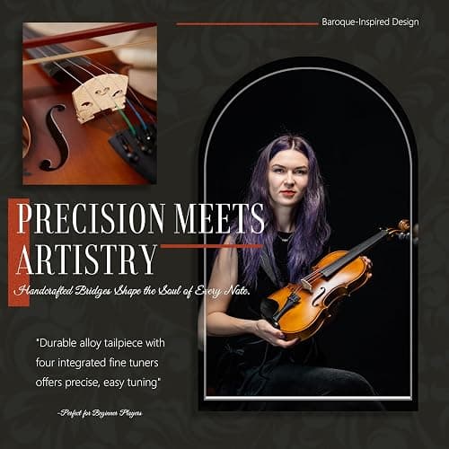 AKLOT Handcrafted Full Size Violin: Solid Wood Matte Fiddle, Acoustic Beginner 4/4 Violin Kit with Hard Case, Lesson Book, Bow, Shoulder Rest, Extra Strings, Tuner, Fretboard Stickers (VRT-AmiMS) thumbnail 4