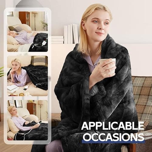 MAXEVE Electric Heated Throw Faux Rabbit Fur Blanket 8 Heating Levels | 8-Hour Auto Off, Fast Heating, Warm, Washable, Over-Heat Protection, ETL Certified, Grey thumbnail 7