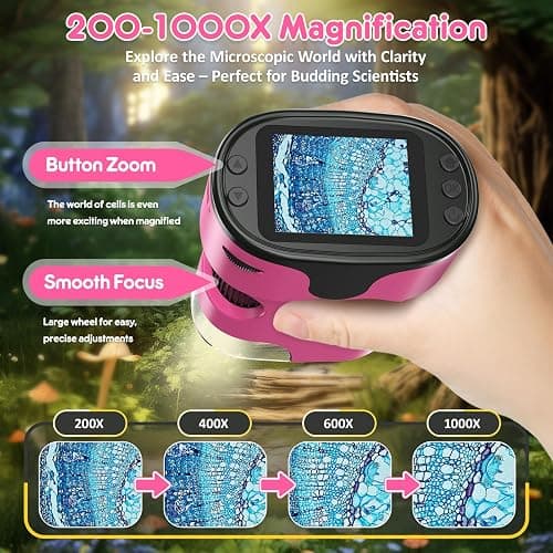 1000X Handheld Microscope for Kids 4K 2.0" Screen Rechargeable Mini Pocket Digital Microscopes w/Slides Kit Portable Edu Gift Age 4-6 8-12 Children Students (Pink) thumbnail 2