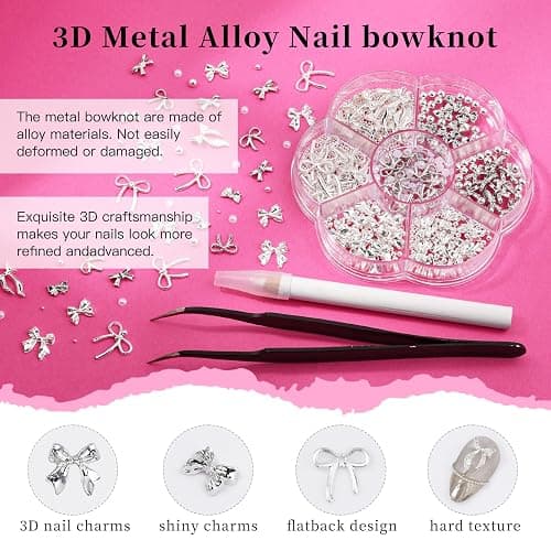 3D Metal Alloy Nail Bows Kit - Silver & Gold Bowknot Charms with 1-3mm Mini Caviar Beads, Tweezers, Pickup Pencil, Cute Nail Charms and Gems Jewelry in Petal-Shaped Box (Silver-kit-1) thumbnail 5