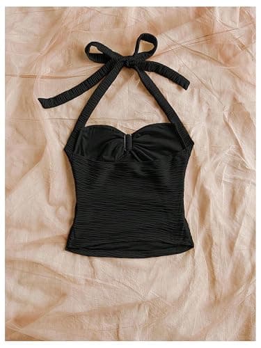 SOLY HUX Women's V Neck Halter Tops Open Back Y2k Ruched Floral Metal Summer Going Out Cami Tops thumbnail 3