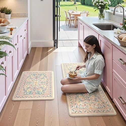 Collive Kitchen Mats Cushioned Anti Fatigue, Waterproof Kitchen Floor Mat Non Slip Desk Rugs Comfort Standing Rug, Pink Floral Carpets for Sink, Office, Laundry, Home Decor, 20" x 47" + 20" x 32" thumbnail 7