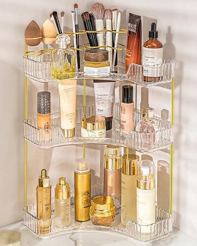 NATURE'S SOURCE Makeup Organizer for Vanity, 3-Tier Corner Bathroom Organizer Countertop with Makeup Brush Holder, Corner Counter Storage for Bathroom, Dresser, Kitchen(Clear - Image 1