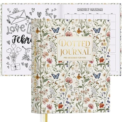 Everloria Premade Dotted Journal Notebook, 12 Months Pre-made Bullet Templates, 260 Hand-Drawn Coloring Pages, Undated Weekly & Monthly Planner, 7.8"x9.3" Leather Dot Grid Habit Mood Tracker - Image 1