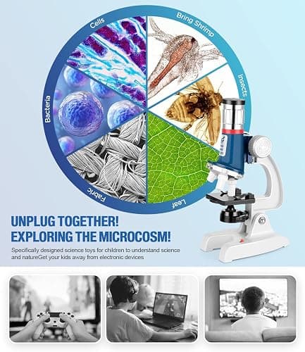 58-Piece Kids Microscope Kit - 100X-1200X Magnification Metal Microscope with LED Light & Slides, Portable Science Set with Carry Case, STEM Learning Toy for Kids Ages 5-12, Birthday Christmas Gift thumbnail 3