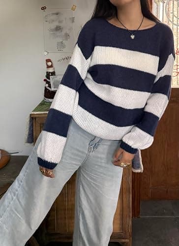 FOMOYUU Women Oversized Striped Sweater Color Block Knit Long Sleeve Sweatshirt Loose Pullover Y2K Preppy Jumper thumbnail 3