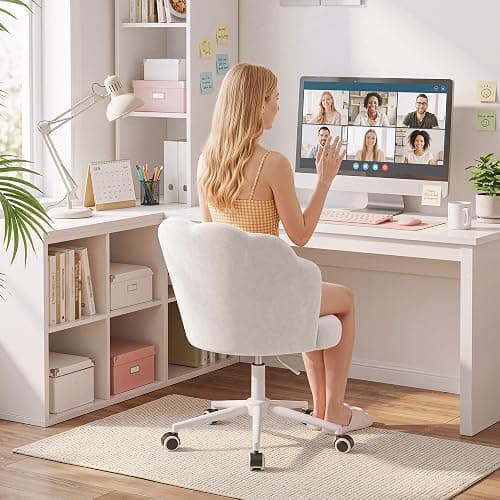 Homkdom Desk Chair with Wheels & Petal Back | Height Adjustable, 360 Swivel, Armless Design, Stylish and Comfortable for Home Office, Study Room - White thumbnail 5