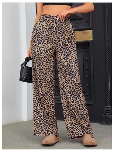 OYOANGLE Women's Leopard Print Elastic High Waist Long Pants | Loose Wide Leg, with Pockets, All Over Cheetah Printed, Casual Ladies Outfit, Palazzo Trousers thumbnail 5