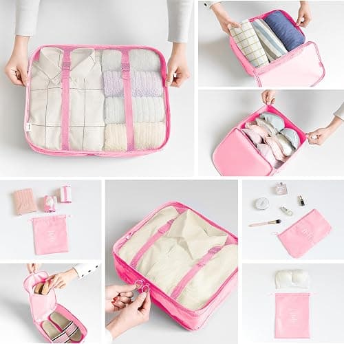 8 Set Packing Cubes for Suitcases Travel Luggage Packing Organizers,Travel Essentials Luggage Organizer Accessories for Shoe Bag Tioletry Bag Laundry Bag (Pink) thumbnail 4