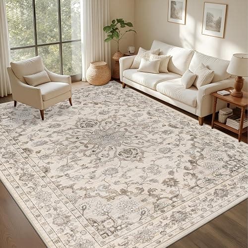 ExpediX 5x7 Area Rugs Living Room: Washable Rug for Bedroom Brown Beige | Boho No Slip Stain Resistant Rug Soft Indoor Decor Floor Floral 5x7 Area Rugs for Dining Room, Nursery, Hallway, Home Office - Image 1