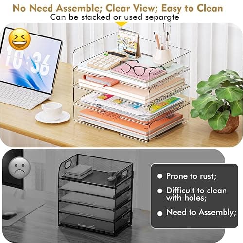 YKLSLH 4 Trays Paper Organizer Letter Tray - Acrylic Desk File Organizer, Stackable Clear Paper Holder Sorter Office Organizer for Letter/A4, Office File Ipad Books Notes Etc thumbnail 5