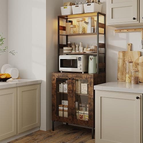 Amenitlif Kitchen Pantry Cabinet with LED Lights & Power Outlet, 66.9" H Kitchen Bakers Rack with Storage Shelves, Bar Cabinet with Glass Doors for Dining Room, Living Room, Hallway - Image 1