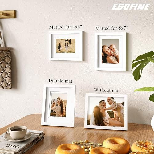 Egofine 8x10 Picture Frames Set of 4, Made of Solid Wood Covered by Plexiglass 4x6 and 5x7 with Mat or 8x10 without Mat, for Table Top Display and Wall Mounting Photo Frame White thumbnail 6