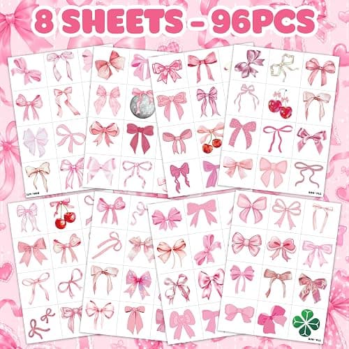 96 PCS Pink Bow Pre-Cut Temporary Tattoos for Girls - Coquette Aesthetic Party Favors, Goodie Bag Stuffers, Birthday Activities & School Prizes thumbnail 3