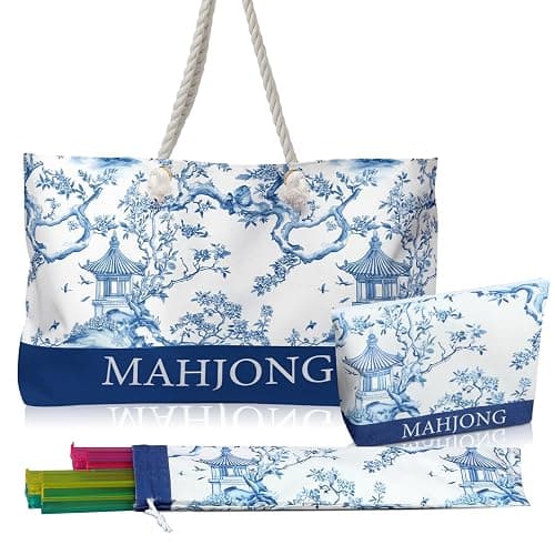 Sunnymove Empty Mahjong Bags Set for Tiles and Racks 24x13x4.7 Inch American Mahjong Carrying Bag Tote Tiles Bag Drawstring Protective Sleeve for Rack Pusher Party Travel, Case Only (Blue Chinoiserie) - Image 1