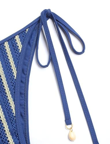 ZAFUL Women's Colorblock Stripes Triangle Halter Tied Cheeky Thong Bikini Set High Cut Two Piece Bathing Suit thumbnail 6