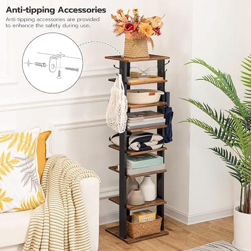 HOOBRO 8 Tiers Vertical Shoe Rack, Wooden Shoe Storage Organizer with Hooks, Narrow Shoe Tower for 8 Pairs, Space Saving, for Entryway, Living Room, Bedroom, Rustic Brown BF07XJ01G1 thumbnail 8
