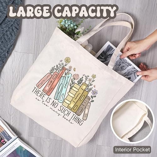 LEADO Cute Canvas Tote Bag with Pocket, Book Lovers Gifts - Mothers Day, Birthday, Book Club Gifts for Book Lovers Women - Reading Accessories, Librarian, Bookish, Readers, Teacher, Library Present thumbnail 4