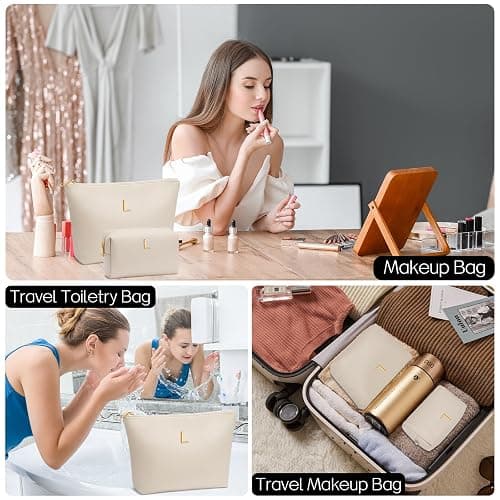 CLOUDWINGS Women Gifts | Initial Makeup Bag Set for Girl Personalized Gifts for Bridesmaid Friend Graduation Teachers PU Leather Cosmetic Travel Toiletry Bag(Beige,L) thumbnail 6