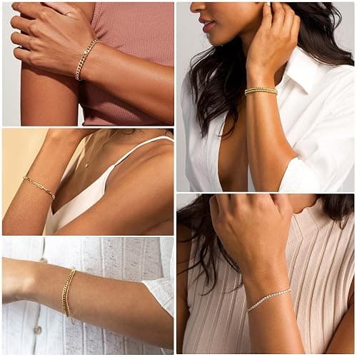 DEARMAY Gold Bracelets for Women, 14K Real Gold Jewelry Sets for Women Cute Tennis Beaded Bracelets for Women Cuban Link Paperclip Chain Dainty Bracelet Pack Gifts for Women Girls thumbnail 7