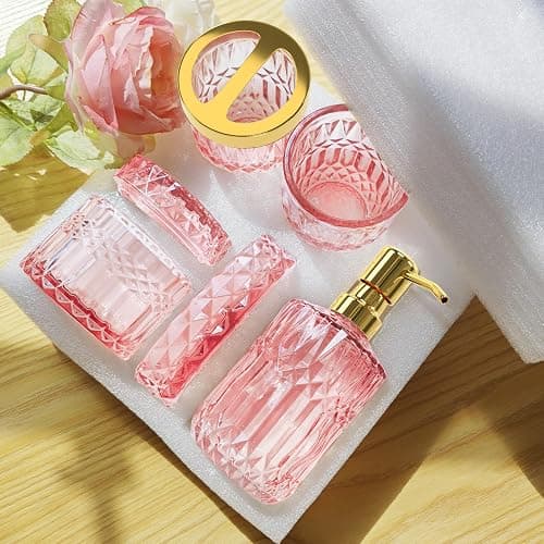 Pink Bathroom Accessories Set, 5Pcs Clear Glass Pink Bathroom Decor with Lotion Soap Dispenser, Soap Dish, Tumbler, Cotton Swab Jar, Toothbrush Holder for Bathrooms Set Modern Crystal Vintage Gift thumbnail 6