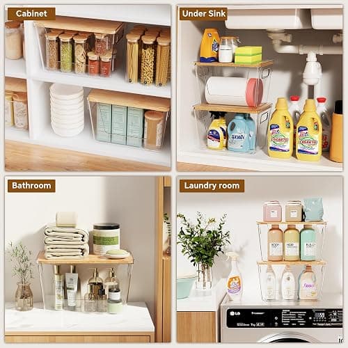 Criusia 2 Set Pantry Organizers and Storage with Bamboo Lids, Stackable Clear Bins for Onion, Potato, Fruit, Vegetables, Trash Bag Dispenser, Kitchen and Under Sink Organizer thumbnail 6