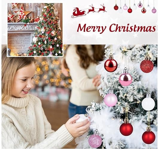 Mini Christmas Ornaments, 54 Pcs 1.2 Inch Pink/Red/White Glitter Christmas Tree Ornaments Hanging Balls, Small Shatterproof Plastic Decorative Ornaments Baubles for Xmas Tree Party Indoor Decor thumbnail 5