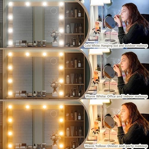 Yanosaku 47" Fluted Vanity Desk with Mirror & LED Lights, 7-Drawer Makeup Vanity with Glass Top & Cabinet, Vanity with Chair & Charging Station, 3 Lighting Modes, for Bedroom, Natural Oak thumbnail 5