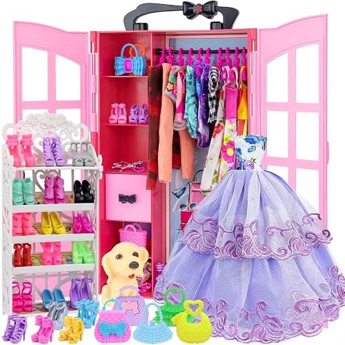 Ecore Fun 120 Pcs Fashion Doll Closet Wardrobe for Clothes and Accessories Storage Include Clothes, Dresses, Shoes, Shoes Rack, Bags, Necklace, Hangers for 11.5 Inch Girl Doll Clothes - Image 1