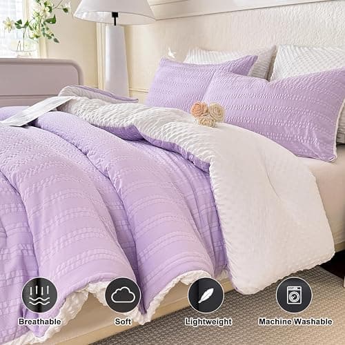 tohrisa Boho Comforter Set Twin Size Striped Pleats Bohemian Seersucker Bedding Set All Season Soft Cozy 2 Pieces Quilt with 1 Pillowcase(68"X90" Lavender) thumbnail 4