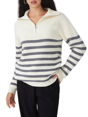 CIDER Women's Striped Quarter Zip Pullover Sweater Mock Neck Knit Fall Fashion Casual Sweater thumbnail 2