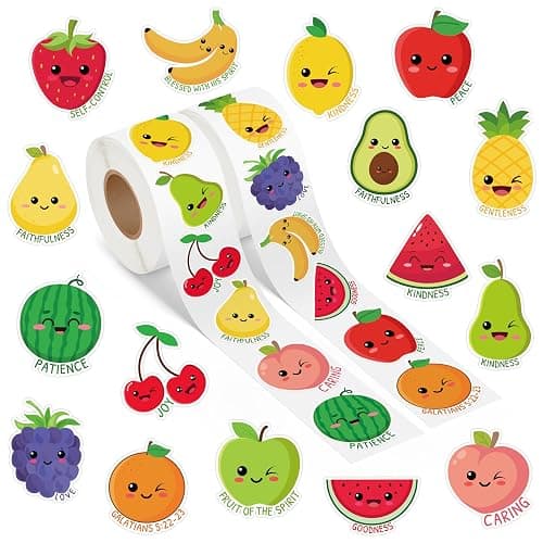 A1diee 1000Pcs Fruit Religious Stickers Rolls Color Apple Watermelon Strawberry Back to School Motivational Training Stickers Bible Christian Decor for Kids Teacher Reward Classroom,16 Styles 2 Rolls - Image 1