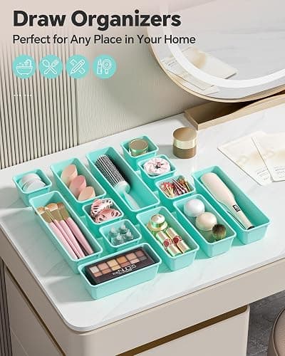Canfanni 13 Pack Plastic Drawer Organizers Set, 3 Sizes Desk Drawer Organizer Trays for Vanity and Makeup Organizer, Organization and Storage for Makeup, Kitchen Utensils, Bathroom and Office(Blue) thumbnail 7