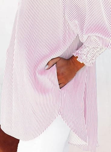 Womens Smocked Cuffed Striped Boyfriend Shirt Casual Collar Long Sleeve Oversized Button Down Blouse Tops with Pocket Shirred thumbnail 5