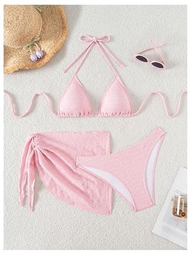 SHENHE Women's 3 Piece Textured High Cut Halter Triangle Bikini Swimsuit with Cover Up thumbnail 2