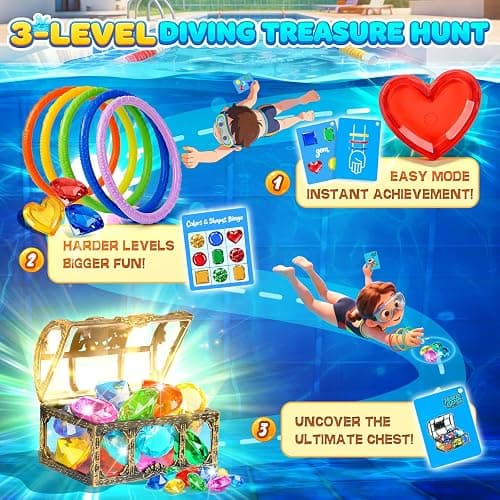 DISHIO Pool Diving Toys for Kids, Underwater Treasure Hunt Game with Pirate Chest, Diving Rings, 56PCS Gems, 40PCS Game Bingo Cards and Mesh Bag Swimming Pool Games Summer Toys for Boys Girls 4-12 thumbnail 3