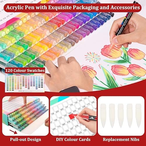 Gelanty Feutre Acrylique,120 couleurs Acrylic Paint Marker avec pinceau flexible, Straight Liquid Acrylic Brush Marker peignant le verre, le bois, les œufs de Pâques. thumbnail 7