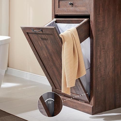 IFGET Tilt Out Trash Can Cabinet, 10 Gallon Farmhouse Laundry Hamper Cabinet with Drawer, Hidden Wooden Trash Garbage Can Bin with Storage Basket for Kitchen, Living Room (Brown) thumbnail 5