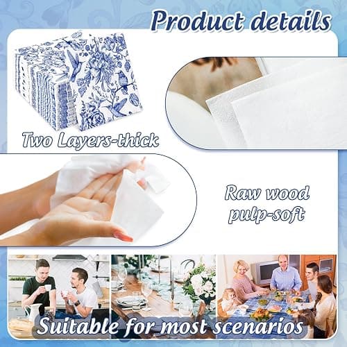 JarThenaAMCS 50Pcs Floral Bird Cocktail Paper Napkin Blue and White Disposable Napkin Vintage Flower Beverage Napkin for Spring Summer Birthday Party Table Decor Supplies thumbnail 4