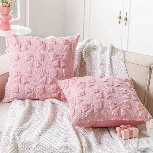 Mixweer Bow Pillow Covers Set of 2 Coquette Room Decor Cute Faux Fur Soft Bowknot Preppy Stuff Fluffy Plush Aesthetic Pillow Covers for Bed Sofa Couch, Fall Christmas Decor(18 x 18 Inch,Dark Pink) thumbnail 4
