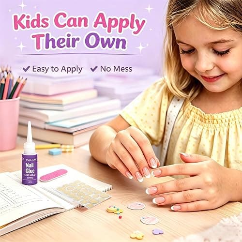 120Pcs White French Tip Press On Nails for Kids, 5 Pack Nude Press On Nails | Almond Full Cover False Nail for Kids, 12 Size, Non-Toxic, Fashion Nail Kit with Adhesive Tabs, Nail File, for Every Outfit thumbnail 3
