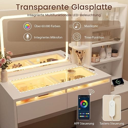 IRONCK Schminktisch mit LED-Beleuchtung, Glasplatte, Hocker & Steckdose | Schminktisch mit Spiegel, 5 Schubladen, offene Fächer, verstellbare Ablagen, 2 AC, USB-A & USB-C Anschluss, Weiß thumbnail 5