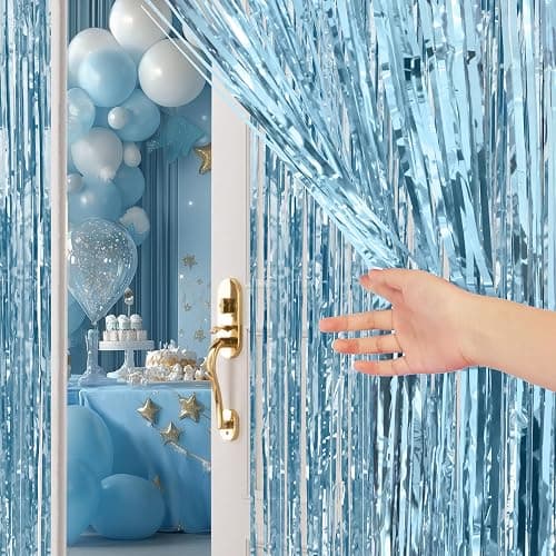 2 Pack Light Blue Fringe Backdrop, 3.2x8.2ft Shining Foil Tinsel Curtains, Birthday Party Decorations Door Streamers for Halloween, Christmas, Wedding, Graduation, Holiday, Theme Events thumbnail 8