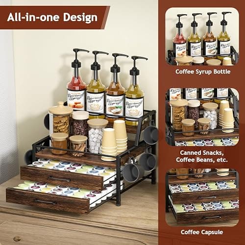 Homsorout Coffee Syrup Rack Organizer - 4-Tier 8 Syrup Wine Bottles Stand with 82 Storage Drawer for K Cups, Coffee Pod Holder for Countertop, Bar Station, Kitchen, Rustic Brown thumbnail 5