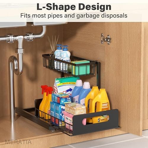 MERATIA Under Sink Organizer 2 Tier, Pull Out Drawer Slides Under Sink Storage for Bathroom Kitchen,Multi-Purpose Drawer Under Cabinet Organizer for Cleaning Supplies (Black, 2 Pack) thumbnail 4